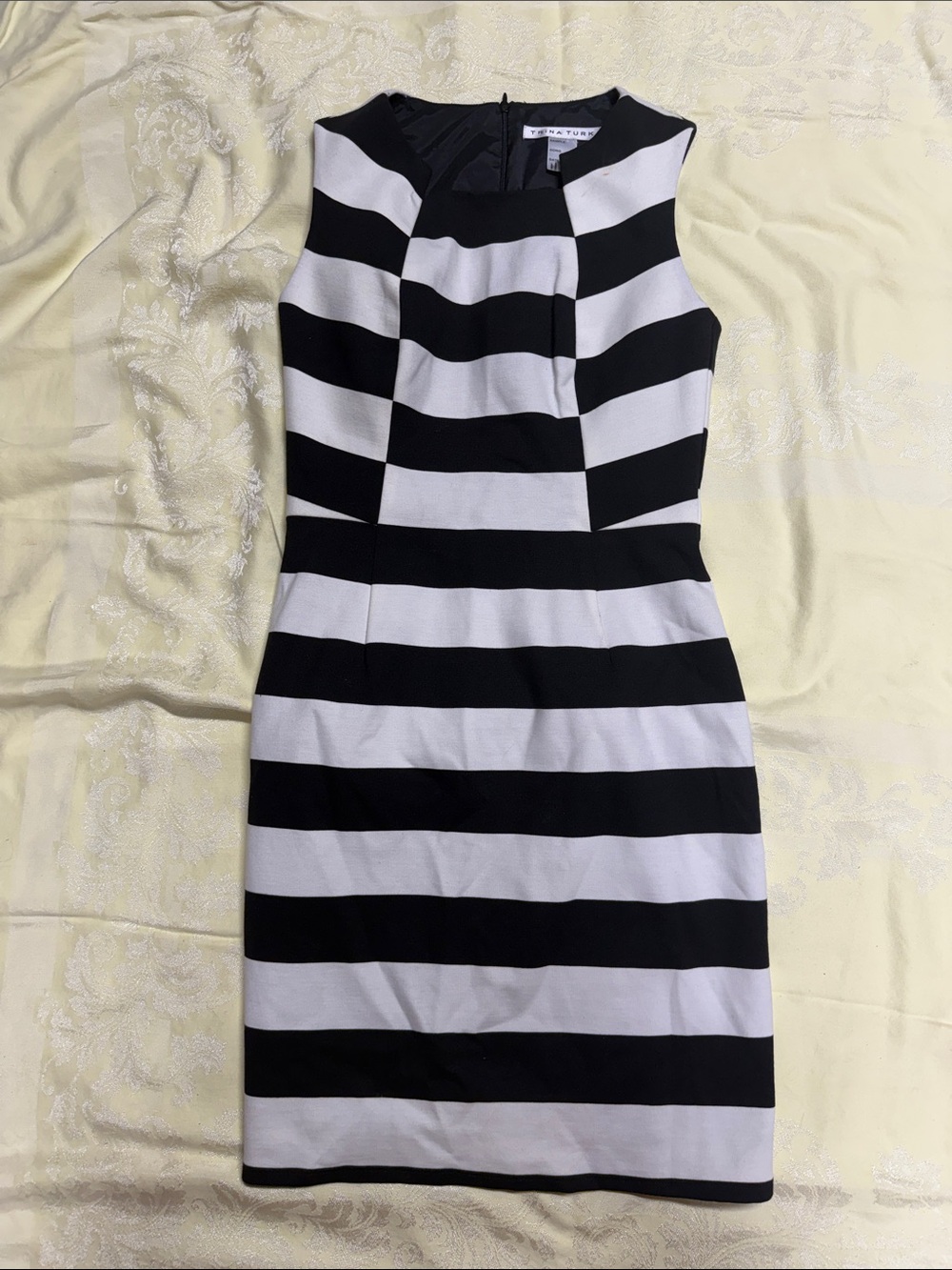 Trina Turk Black and White Striped Midi Sheath Dress